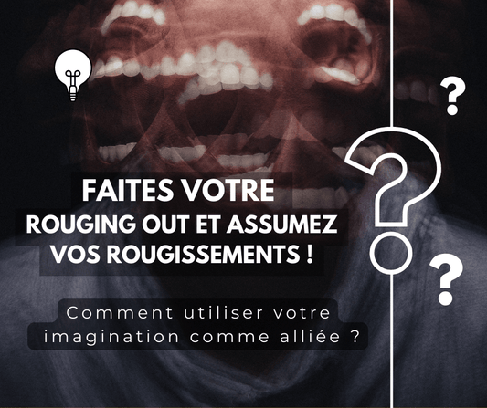 Visuel dynamique avec visage flou et texte "Faites votre rouging out et assumez vos rougissements !", illustrant l’acceptation de soi face à l’éreutophobie.