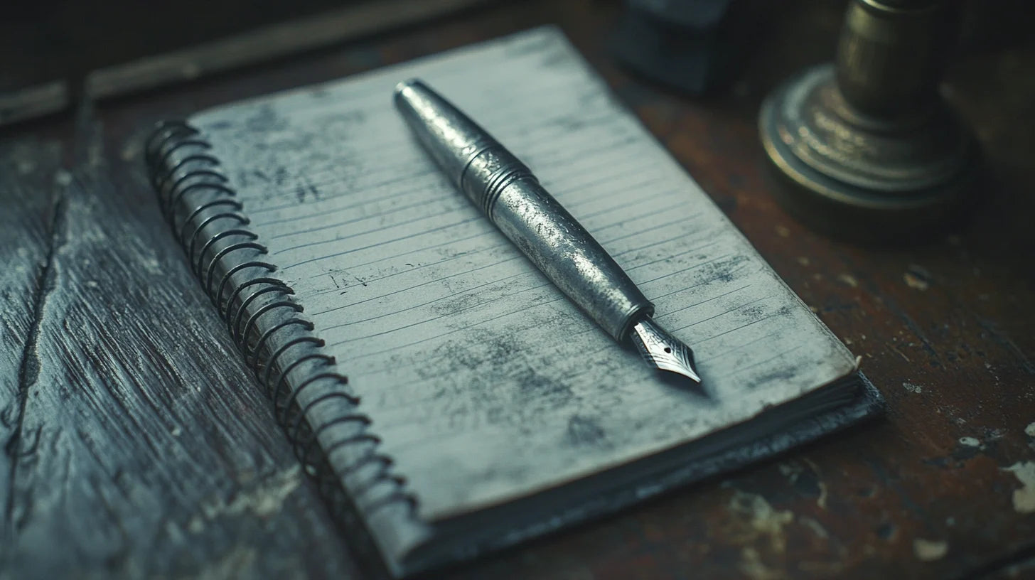 Carnet ancien avec stylo métallique posé dessus, évoquant l’introspection et l’écriture émotionnelle dans le cadre de l’éreutophobie