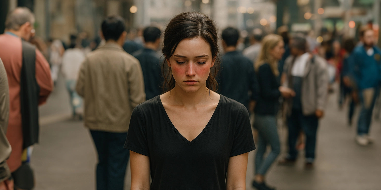 Jeune femme rougissante au milieu d'une foule, regard baissé, illustrant l’éreutophobie et l’anxiété sociale en public