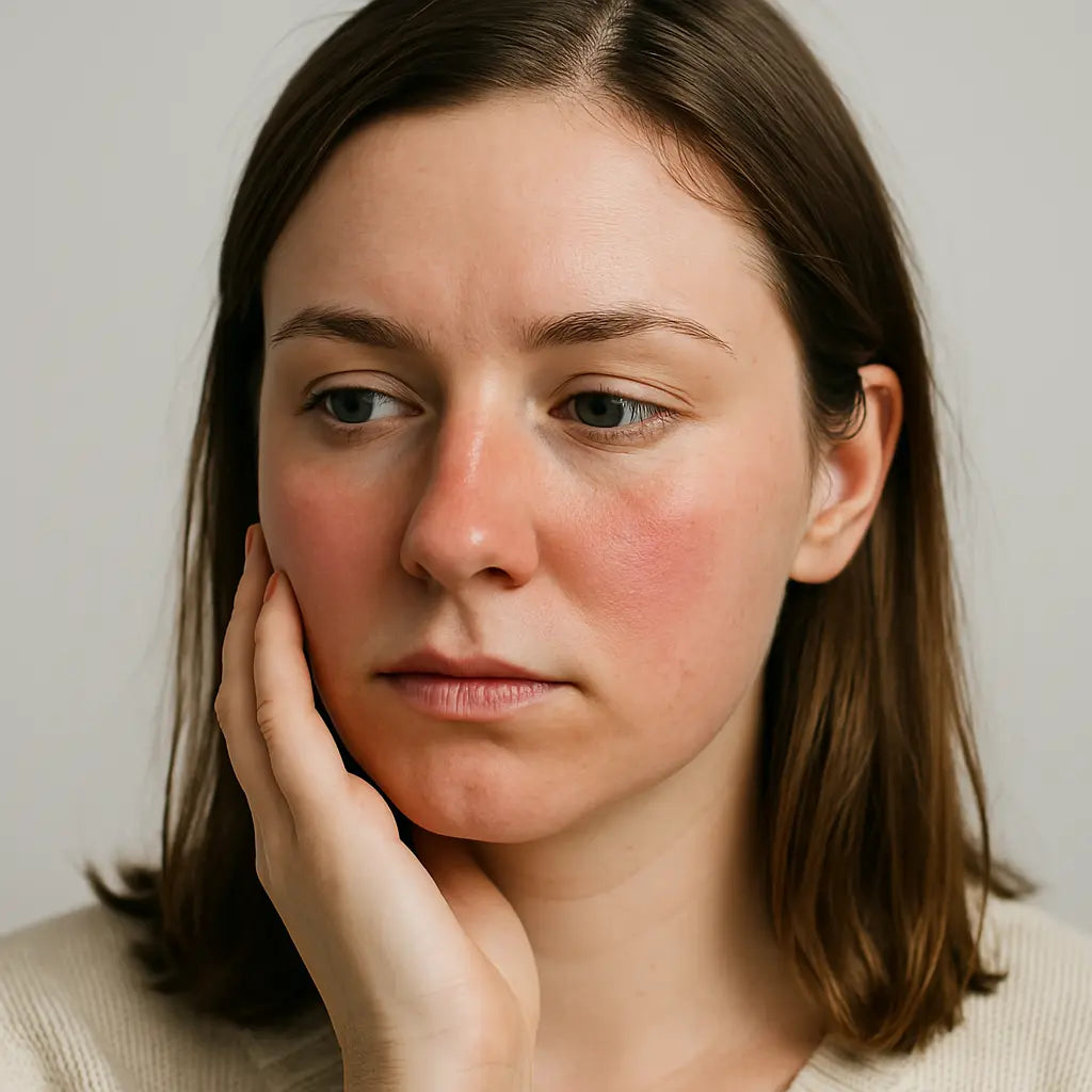 Femme au visage rougissant, l’air préoccupé, illustrant les effets de l’éreutophobie et la peur du jugement