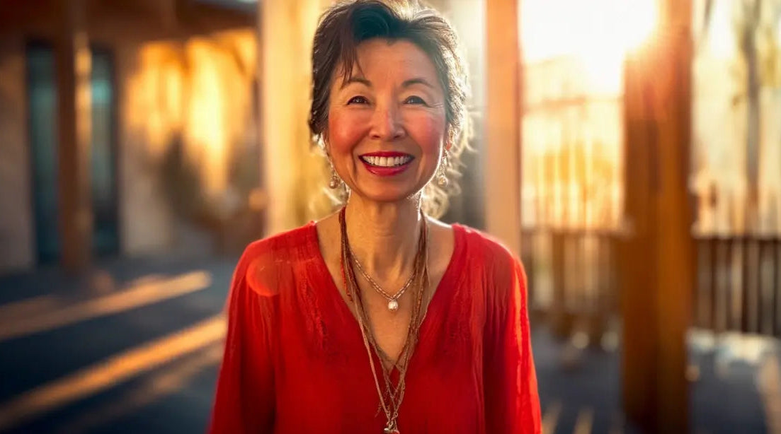 Femme souriante en robe rouge, rayonnante de confiance en soi, éclairée par la lumière du soleil