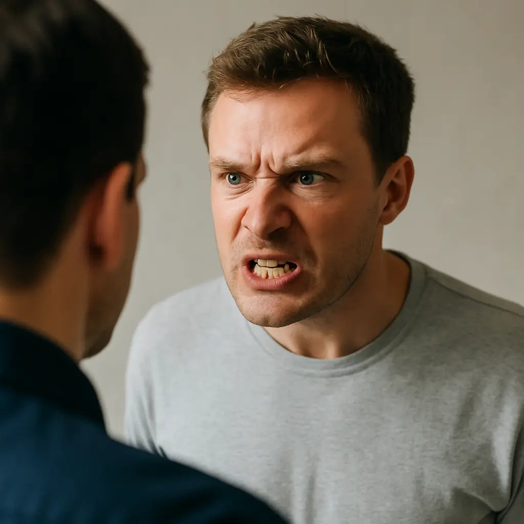 Homme en colère criant sur un autre, illustrant la pression sociale et les situations déclenchantes liées à l’éreutophobie