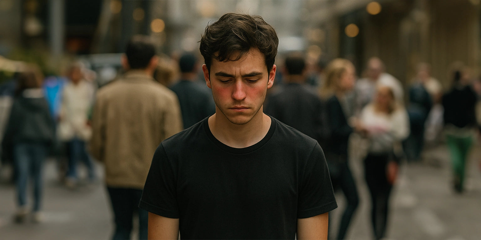 Jeune homme aux joues rouges au milieu d’une foule, tête baissée, illustrant la peur de rougir en public (éreutophobie)