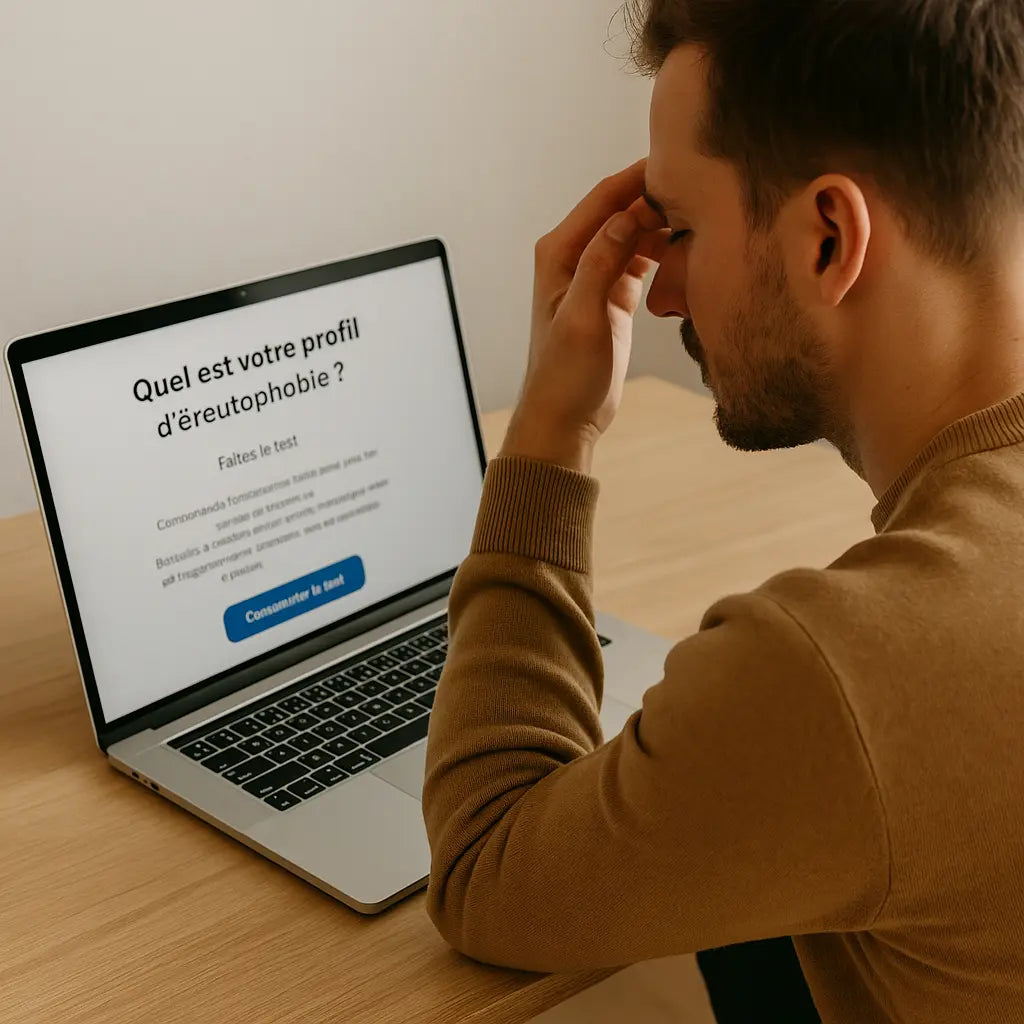 Homme anxieux consultant un test en ligne sur l’éreutophobie, illustrant l’auto-évaluation des troubles liés à la peur de rougir