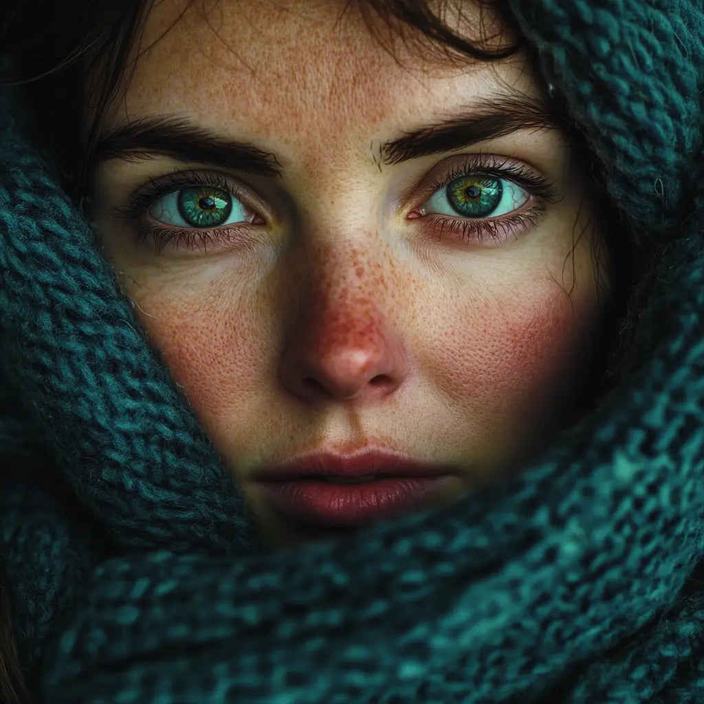 Gros plan sur le visage d’une femme au regard intense, les joues rouges, exprimant la vulnérabilité liée à l’éreutophobie